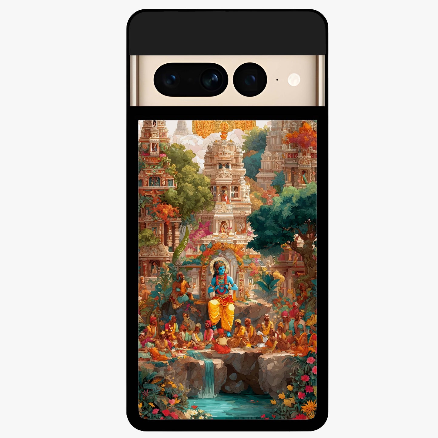 Sacred Sunlight Gods Glass Case showing flat back view with divine sunlight themed artwork and glossy glass finish.
