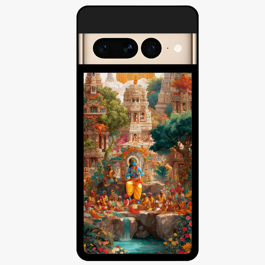 Sacred Sunlight Gods Glass Case showing flat back view with divine sunlight themed artwork and glossy glass finish.