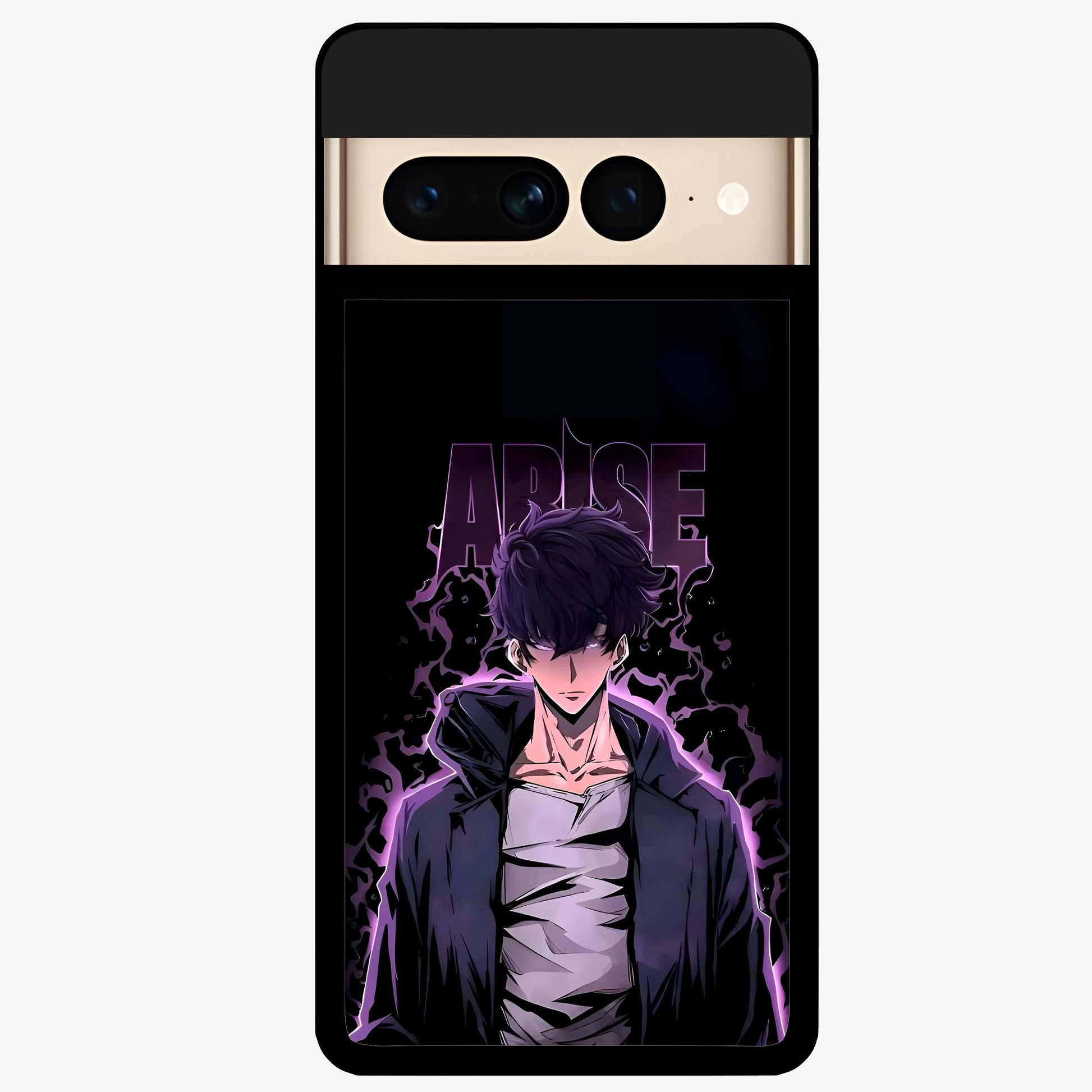 Shadow Monarch Awakening Glass Case showing flat back view with powerful dark monarch themed artwork and glossy glass finish.