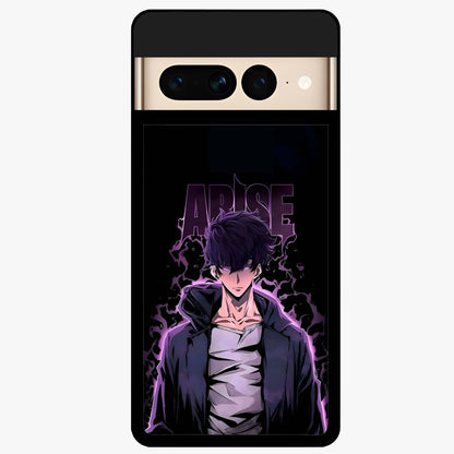 Shadow Monarch Awakening Glass Case showing flat back view with powerful dark monarch themed artwork and glossy glass finish.