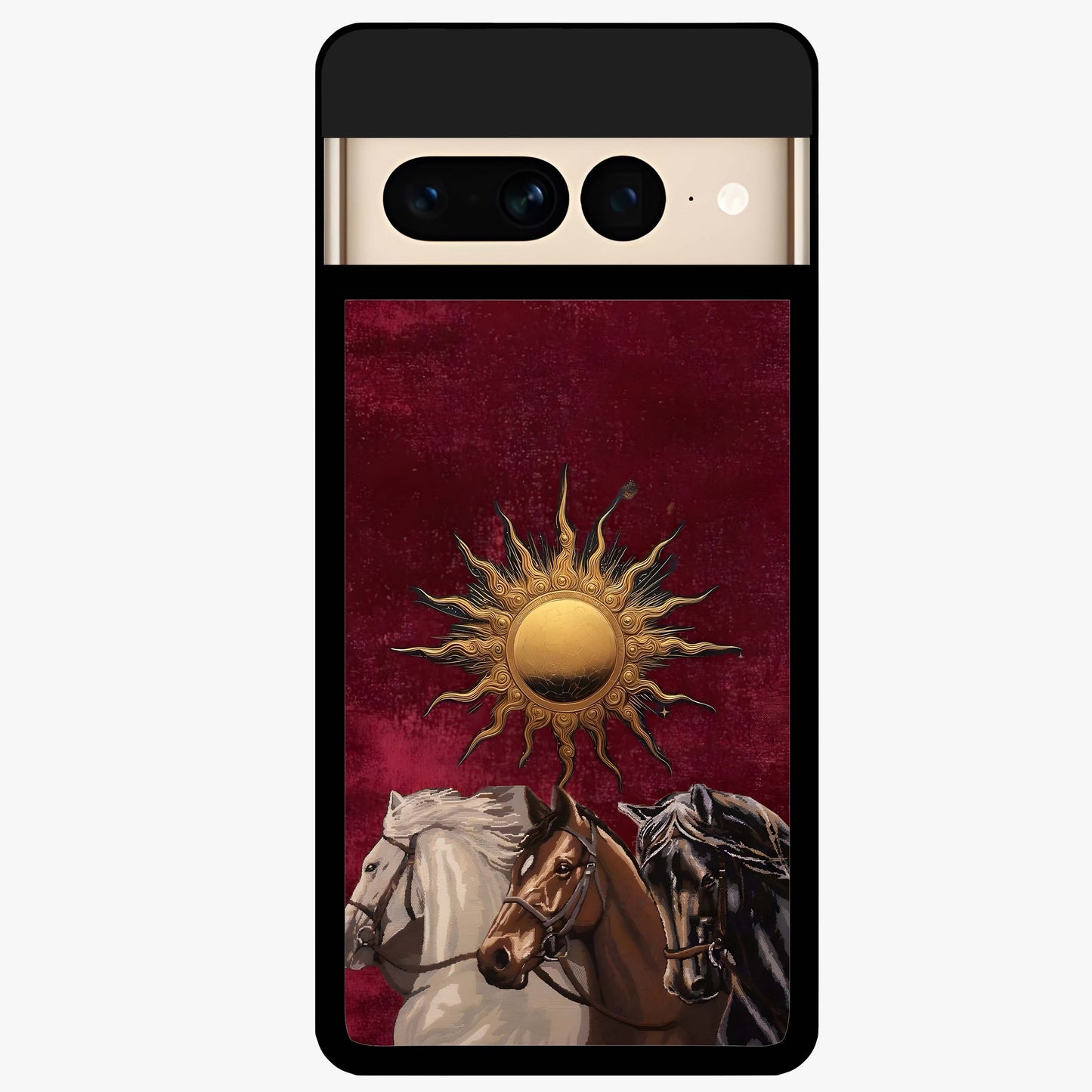 Solar Riders Glass Case showing flat back view with dynamic rider themed artwork and glossy glass finish.