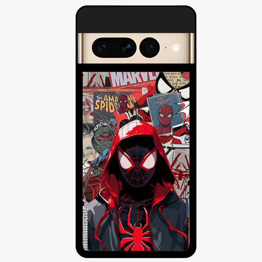 Spider Collage Street Glass Case showing flat back view with vibrant superhero collage artwork and glossy glass finish.