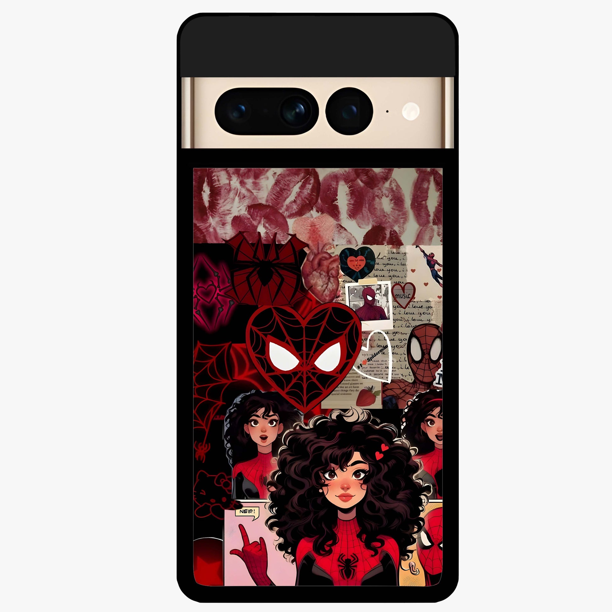 Spider Love Story Glass Case showing flat back view with romantic superhero themed artwork and glossy glass finish.