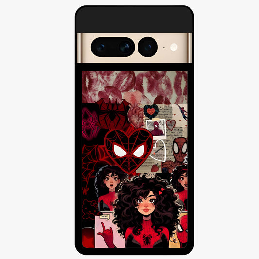 Spider Love Story Glass Case showing flat back view with romantic superhero themed artwork and glossy glass finish.