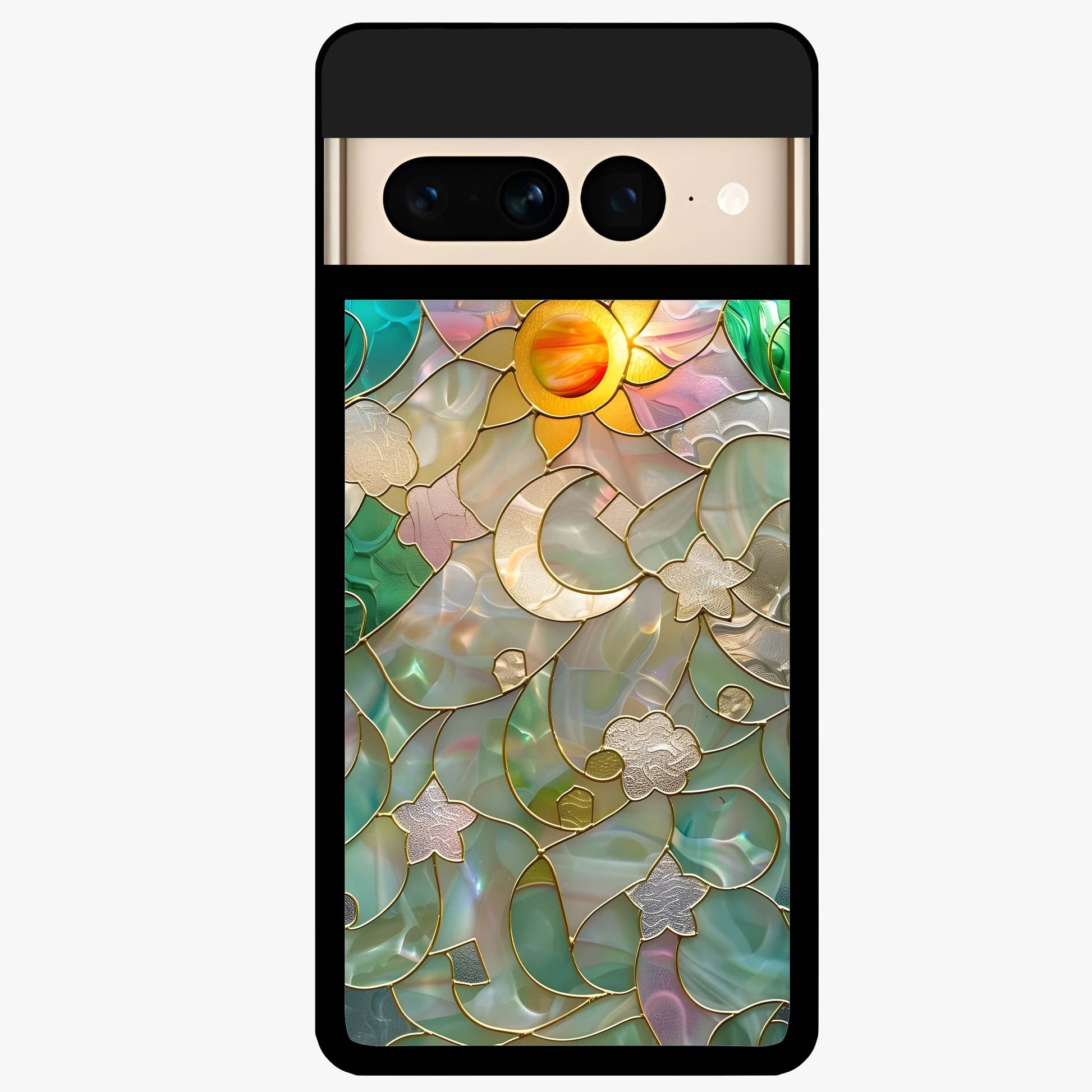Stained Sunrise Glow Glass Case showing flat back view with glowing sunrise stained pattern artwork and glossy glass finish.