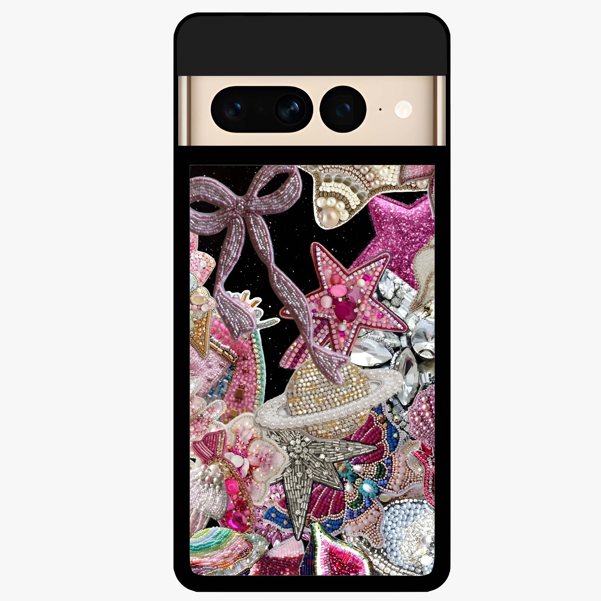 Starlit Jewel Dream Glass Case showing flat back view with sparkling jewel and star themed artwork and glossy glass finish.