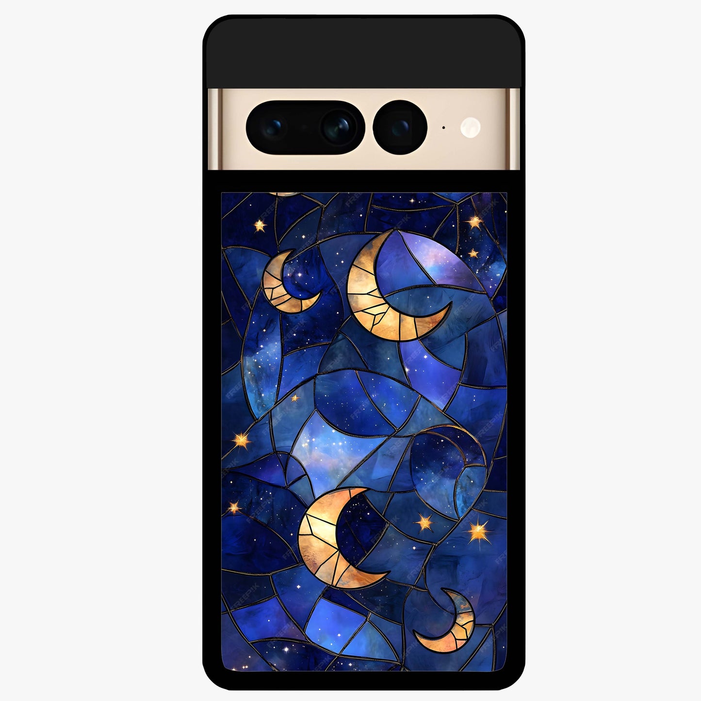 Starlit Sky Tapestry Glass Case showing flat back view with decorative starry sky tapestry artwork and glossy glass finish.