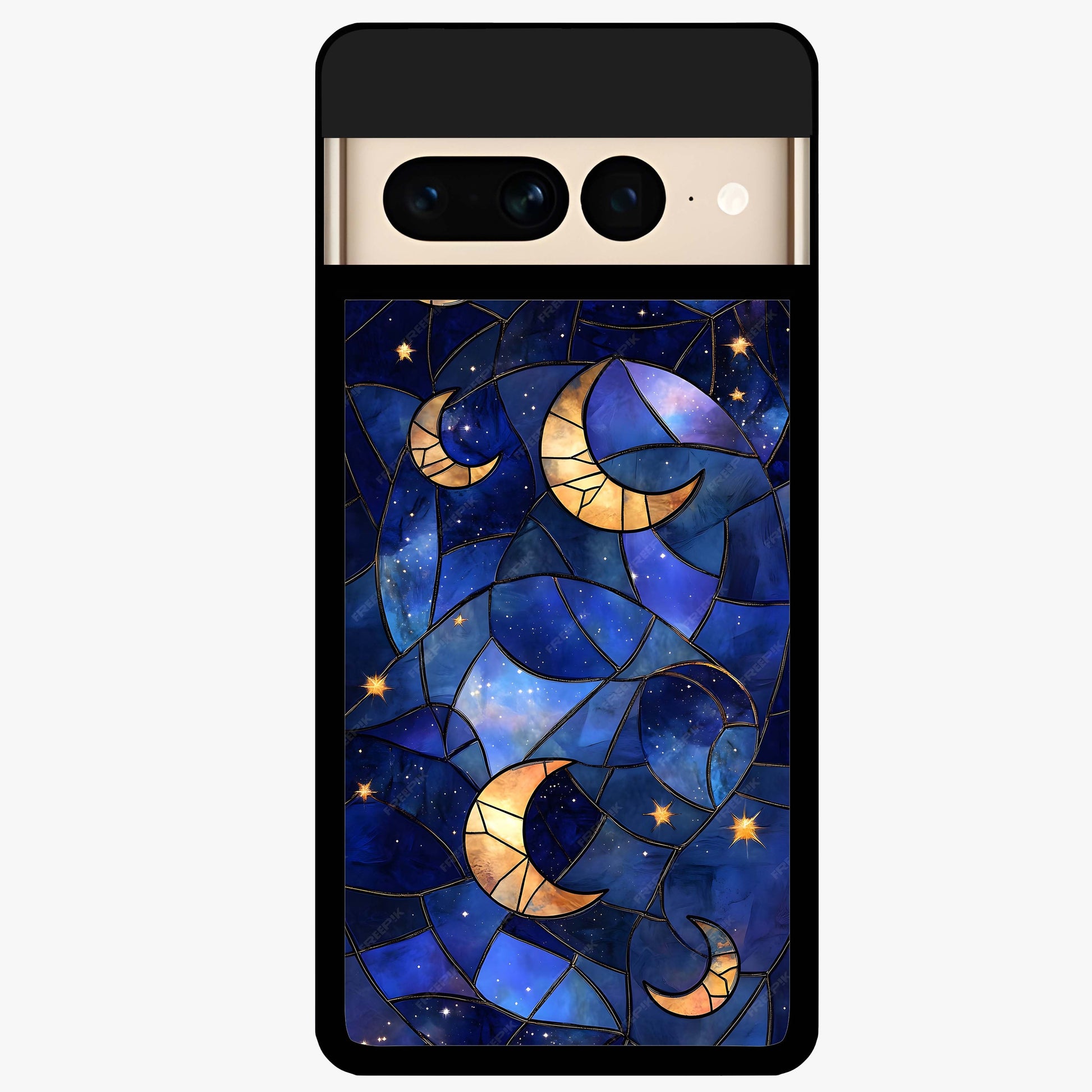 Starlit Sky Tapestry Glass Case showing flat back view with decorative starry sky tapestry artwork and glossy glass finish.