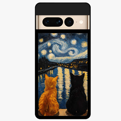 Starry River Cats Glass Case showing flat back view with cats by a starry river artwork and glossy glass finish.