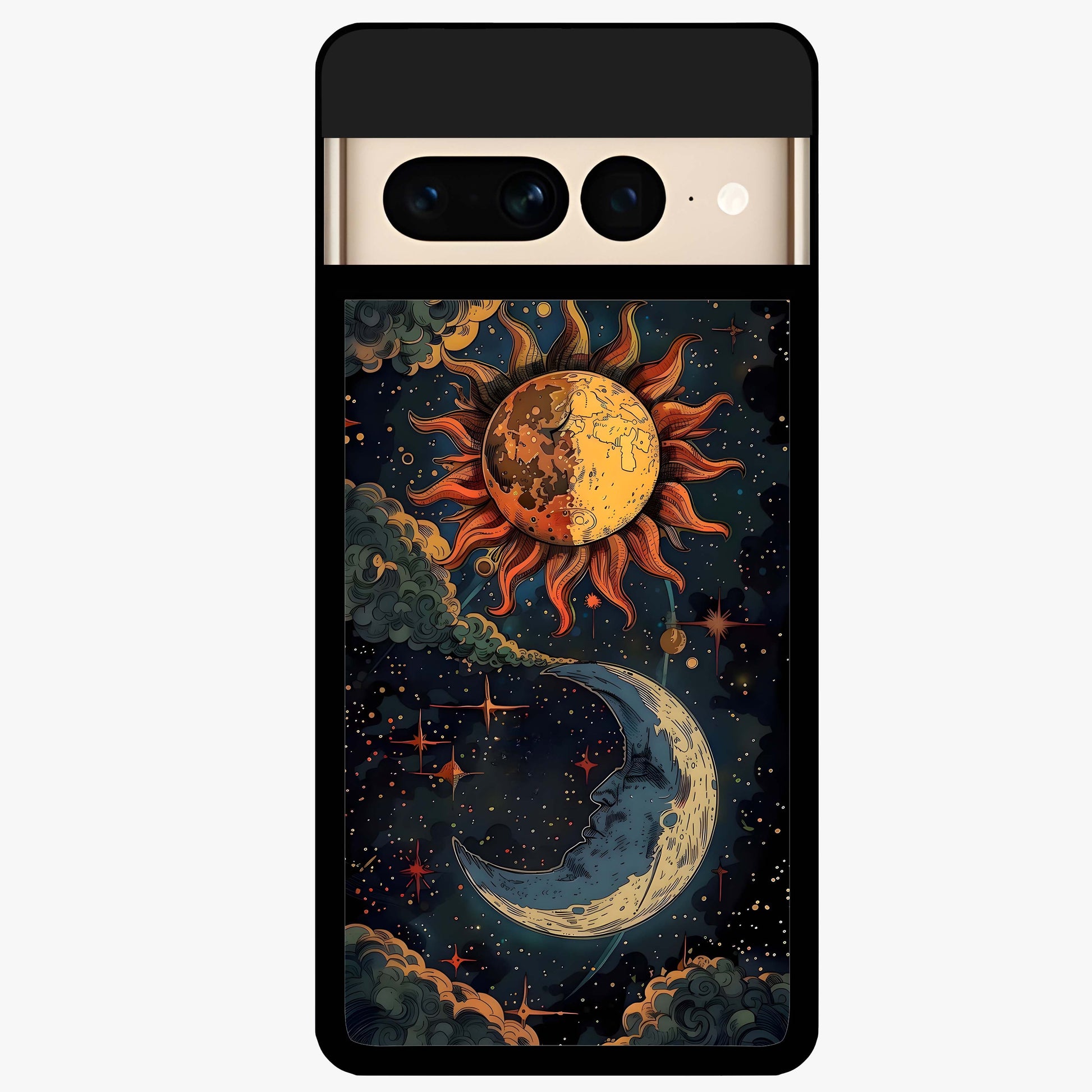 Sun And Moon Magic Design Glass Case showing flat back view with mystical sun and moon artwork and glossy glass finish.