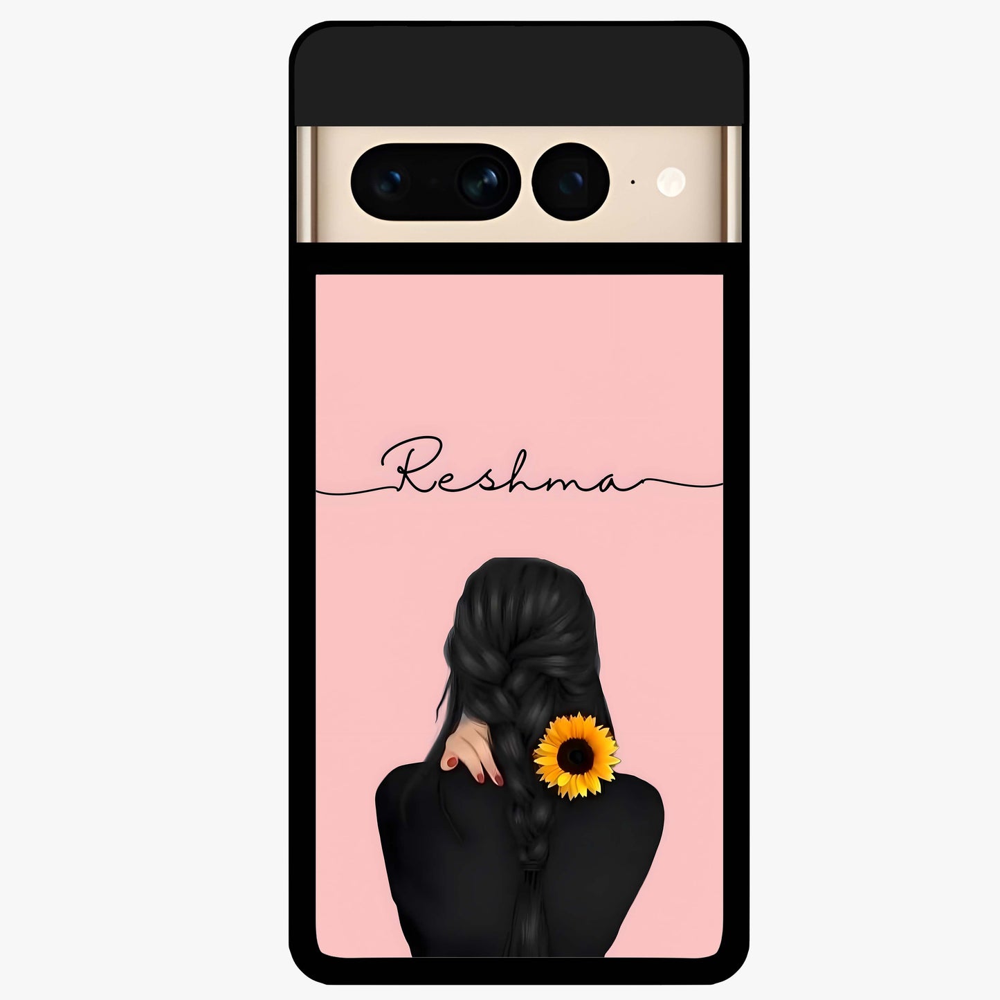 Sunflower Braid Beauty With Custom Name Glass Case showing flat back view with sunflower braid artwork and personalized name design.