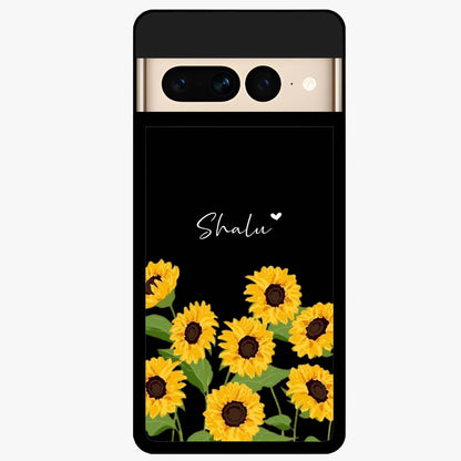 Sunflower Chic Mood Custom Name Glass Case showing flat back view with stylish sunflower artwork and personalized name design.
