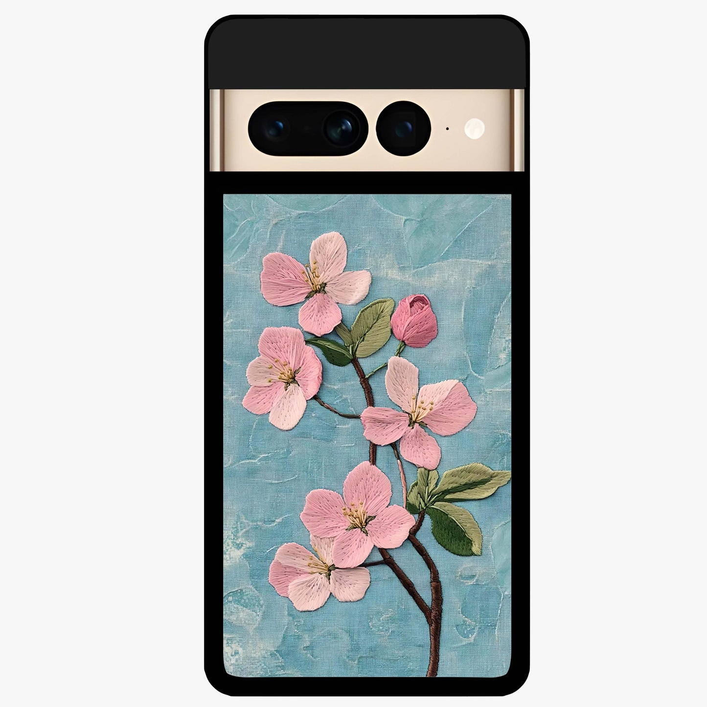Threaded Blossom Breeze Glass Case showing flat back view with delicate blossom artwork and glossy glass finish.