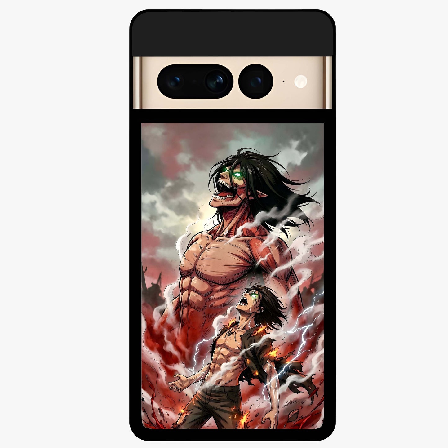 Titan Awakening Fury Glass Case showing flat back view with powerful titan inspired artwork and glossy glass finish.