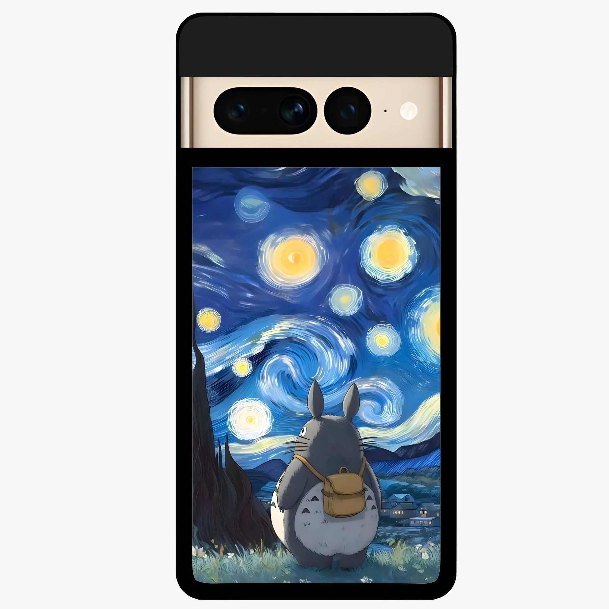 Totoro In Van Gogh Art Glass Case showing flat back view with whimsical character artwork inspired by Van Gogh style and glossy glass finish.
