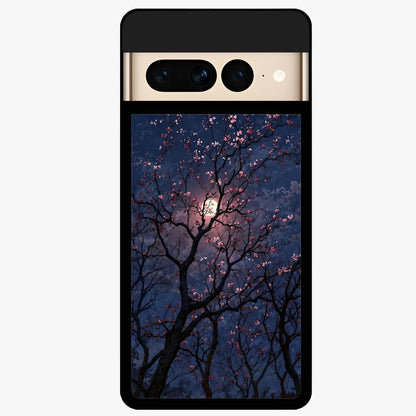 Twilight Sakura Serenade Glass Case showing flat back view with cherry blossom artwork at twilight and glossy glass finish.