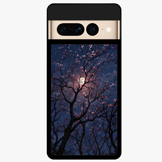 Twilight Sakura Serenade Glass Case showing flat back view with cherry blossom artwork at twilight and glossy glass finish.