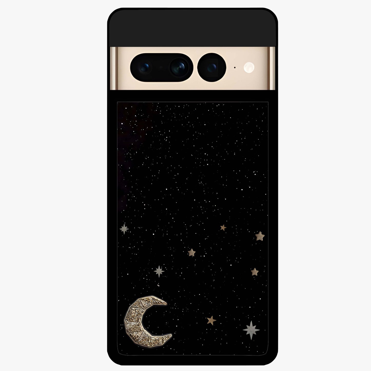 Twinkle Star With Half Moon Glass Case showing flat back view with star and half moon artwork and glossy glass finish.