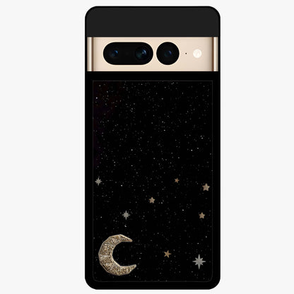 Twinkle Star With Half Moon Glass Case showing flat back view with star and half moon artwork and glossy glass finish.