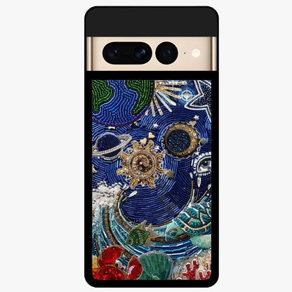 Universe Underwater Spark Glass Case showing flat back view with cosmic underwater themed artwork and glossy glass finish.