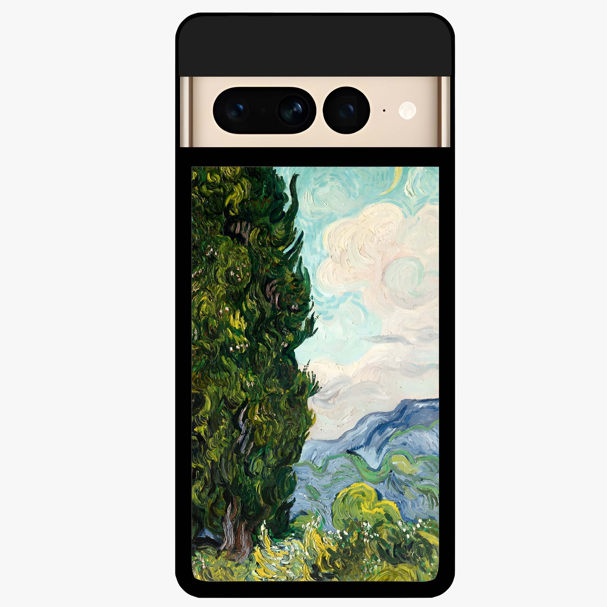 Van Gogh Vintage Art Glass Case showing flat back view with vintage painterly artwork inspired by Van Gogh style and glossy glass finish.
