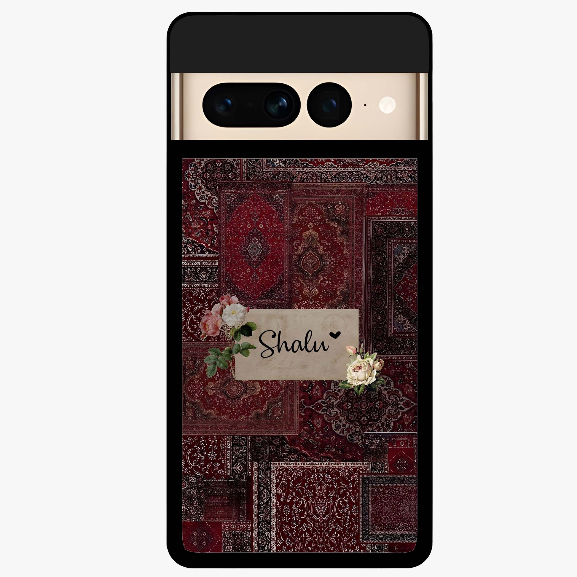 Velvet Wine Pattern Custom Name Glass Case showing flat back view with elegant wine colored pattern artwork and personalized name design.