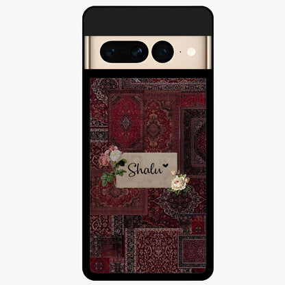 Velvet Wine Pattern Custom Name Glass Case showing flat back view with elegant wine colored pattern artwork and personalized name design.