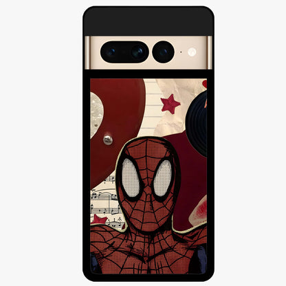 Web Warrior Vibes Glass Case showing flat back view with superhero inspired web themed artwork and glossy glass finish.