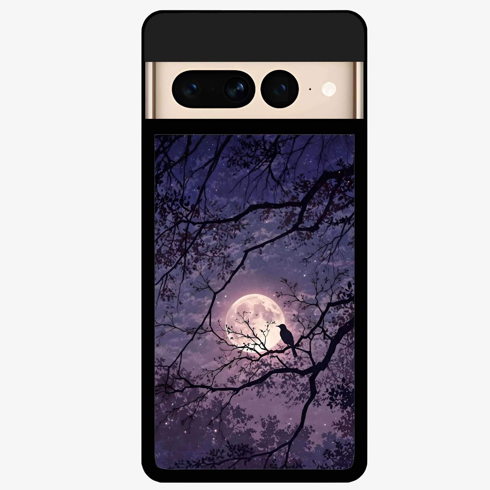 Whispering Moon Silence Glass Case showing flat back view with serene moon themed artwork and glossy glass finish.
