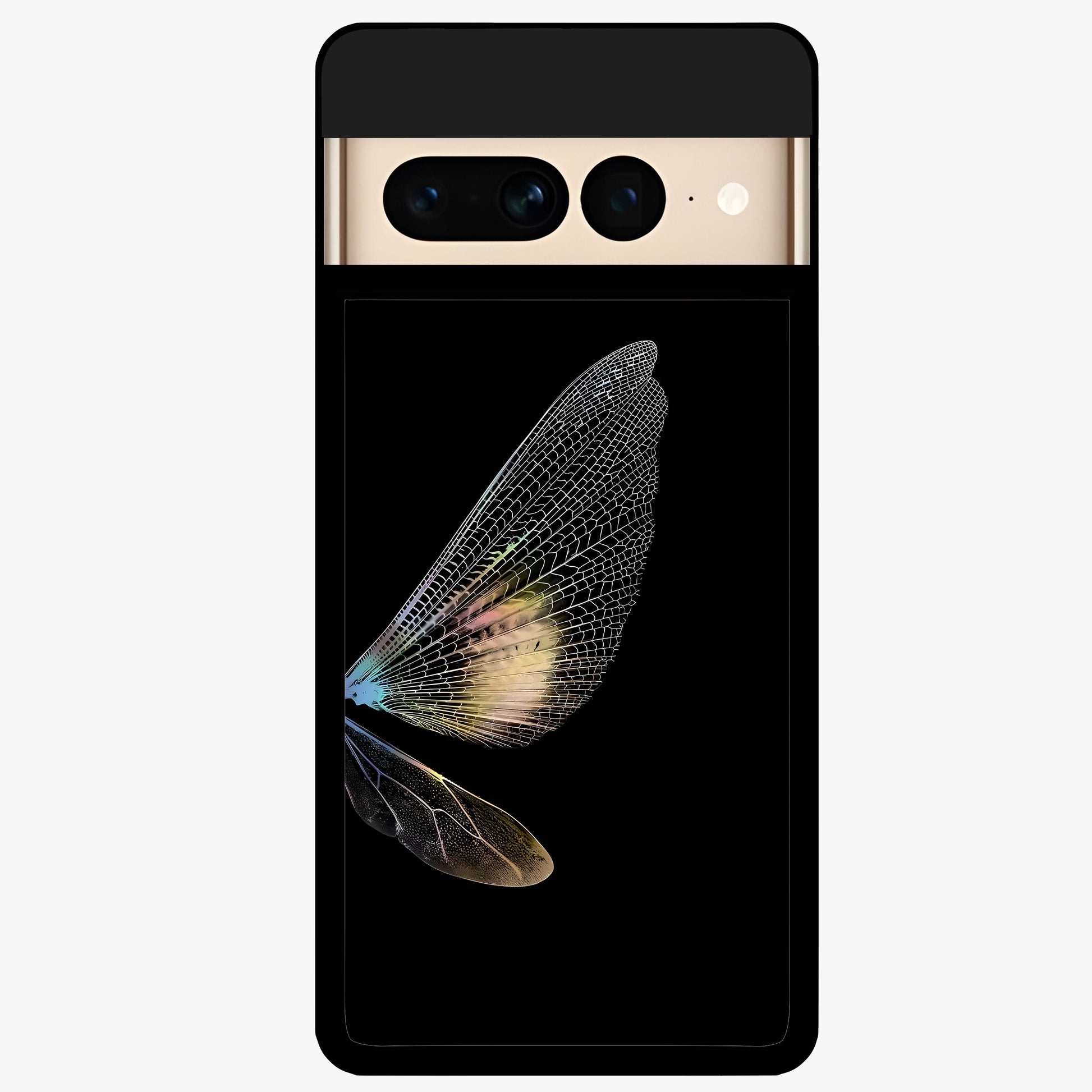 Whispers Of Wings Glass Case showing flat back view with graceful wing inspired artwork and glossy glass finish.