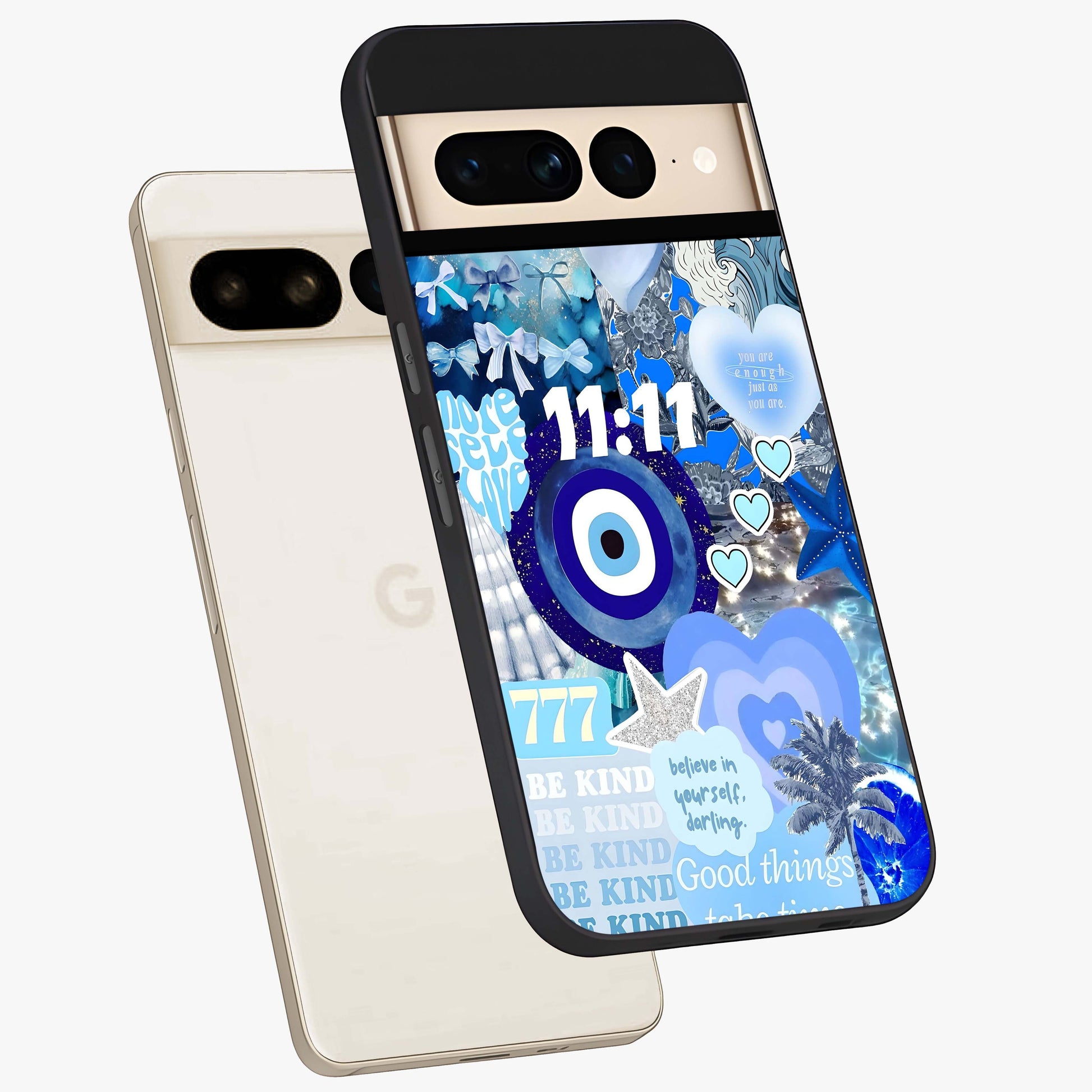 Aesthetic Be Kind Eye Glass Case displayed in angled mockup highlighting aesthetic eye design and inspirational vibe.