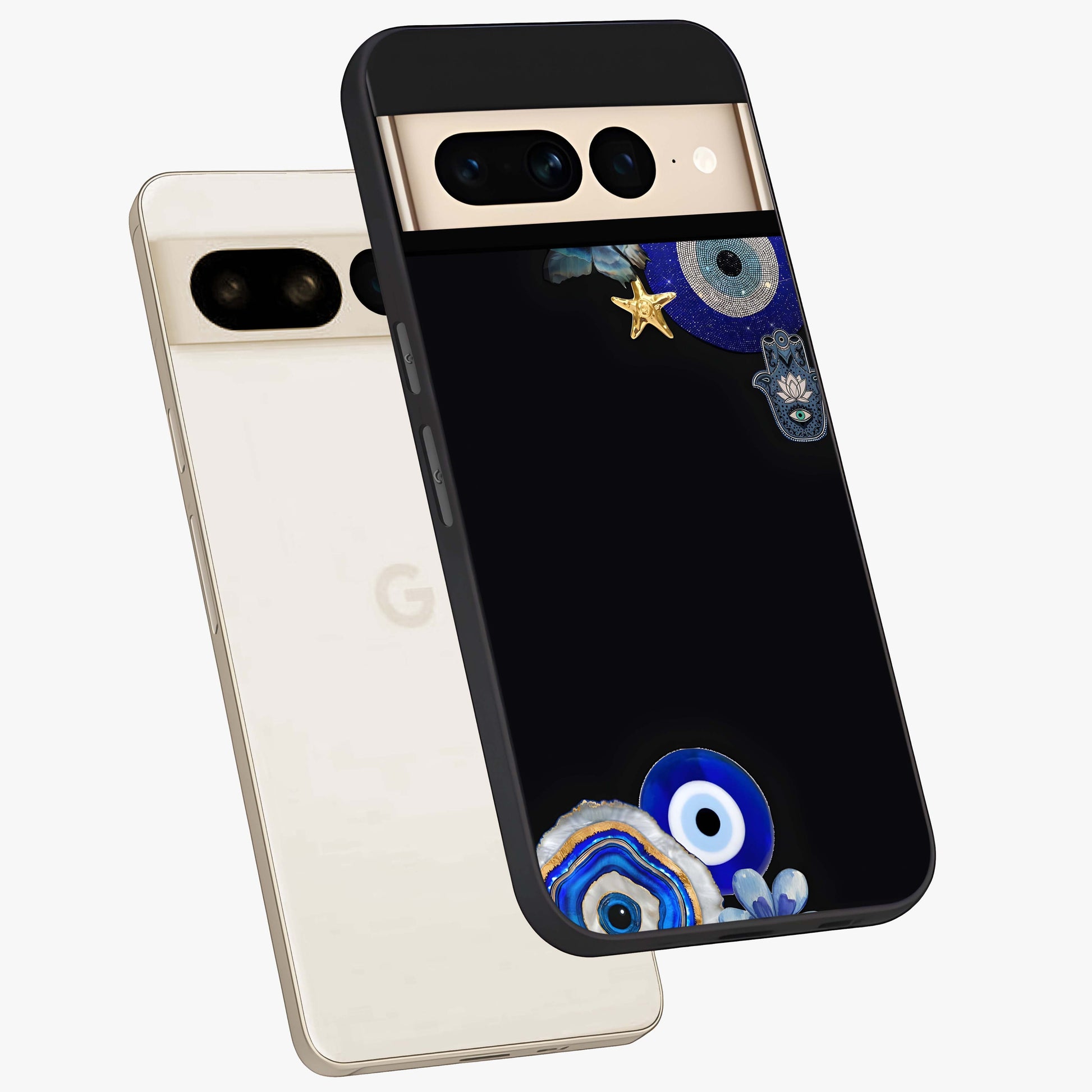 Aesthetic Blue Evil Eye Glass Case displayed in angled mockup highlighting blue evil eye symbol and spiritual aesthetic design.