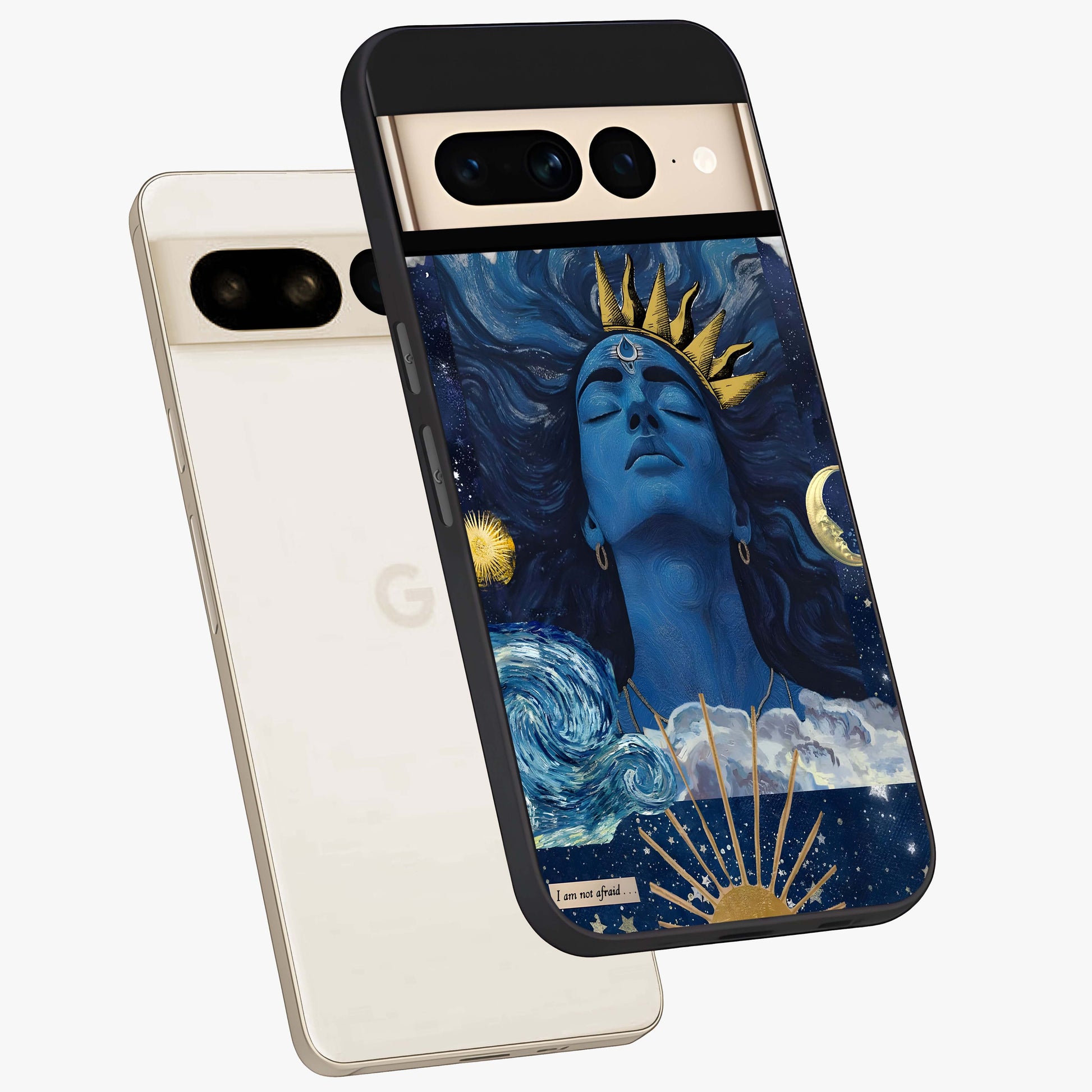 Aesthetic Lord Shiva Glass Case displayed in angled mockup highlighting spiritual Shiva illustration and sacred aesthetic design.