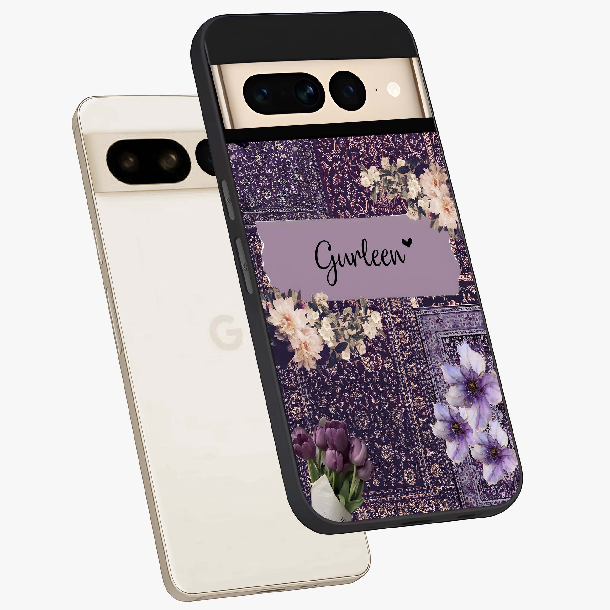 Antique Floral Whisper Custom Name Glass Case displayed in angled mockup highlighting elegant antique floral aesthetic.