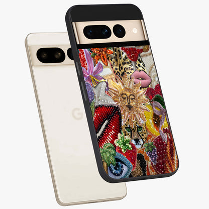 Beaded Fashion Jungle Glass Case displayed in angled mockup highlighting colorful fashion bead design and artistic pattern.