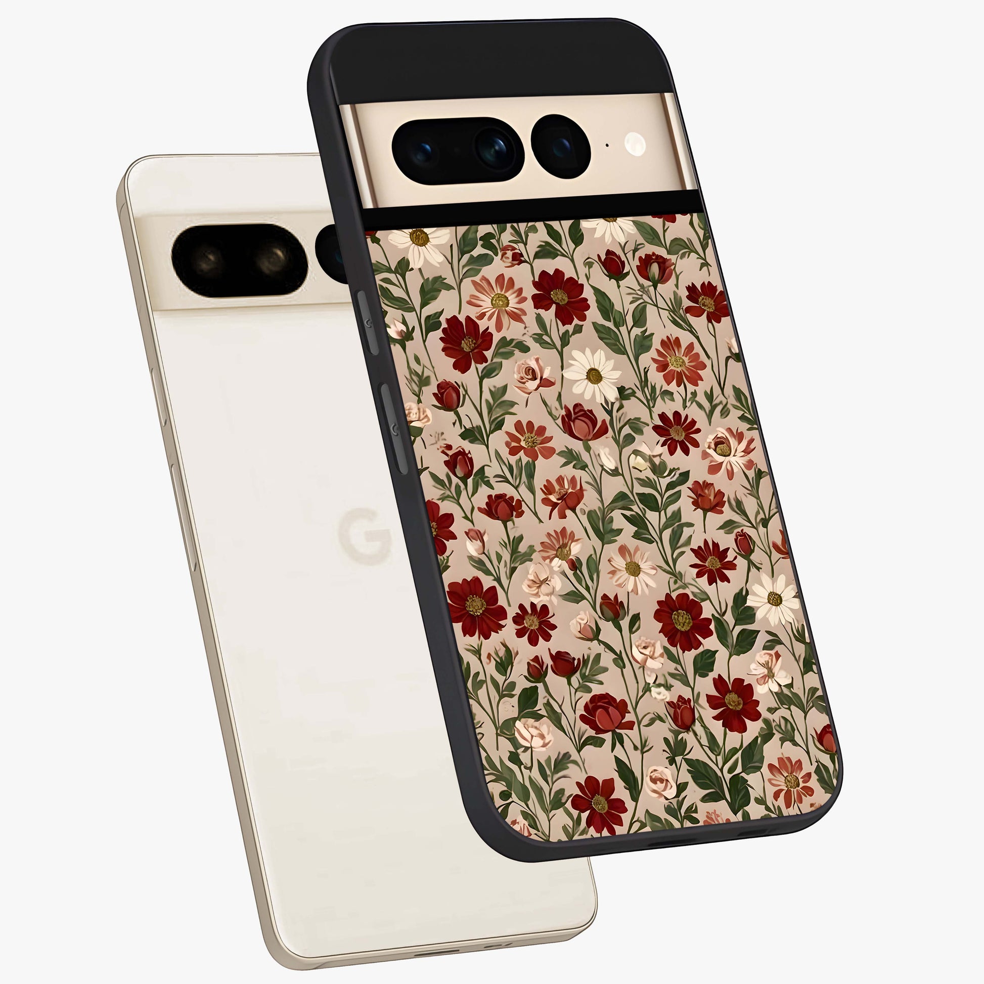 Biege Flower With Leaf Glass Case displayed in angled mockup highlighting minimal floral leaf design and elegant aesthetic.