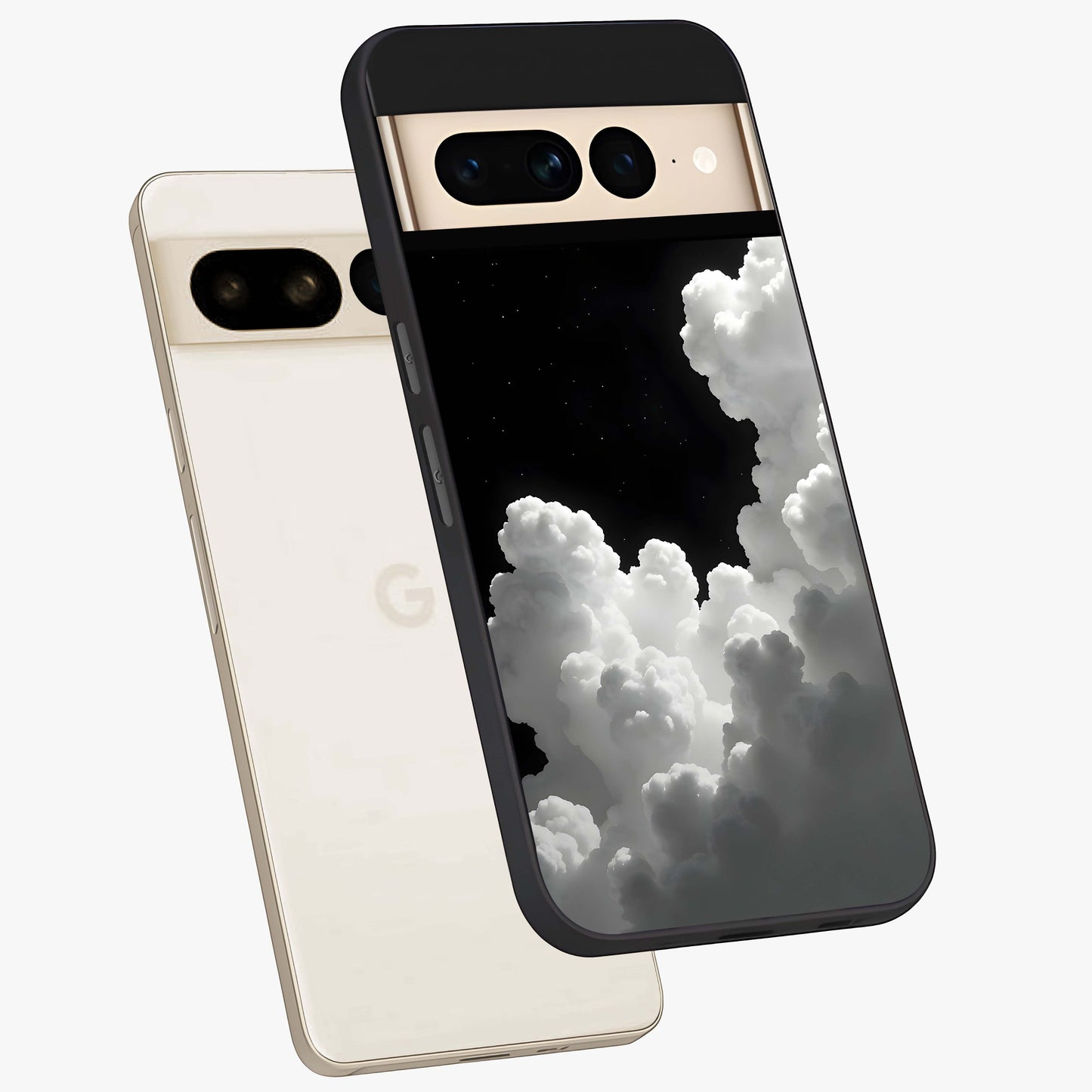 Black Background With White Cloud Glass Case displayed in angled mockup highlighting soft white cloud illustration and minimal design.