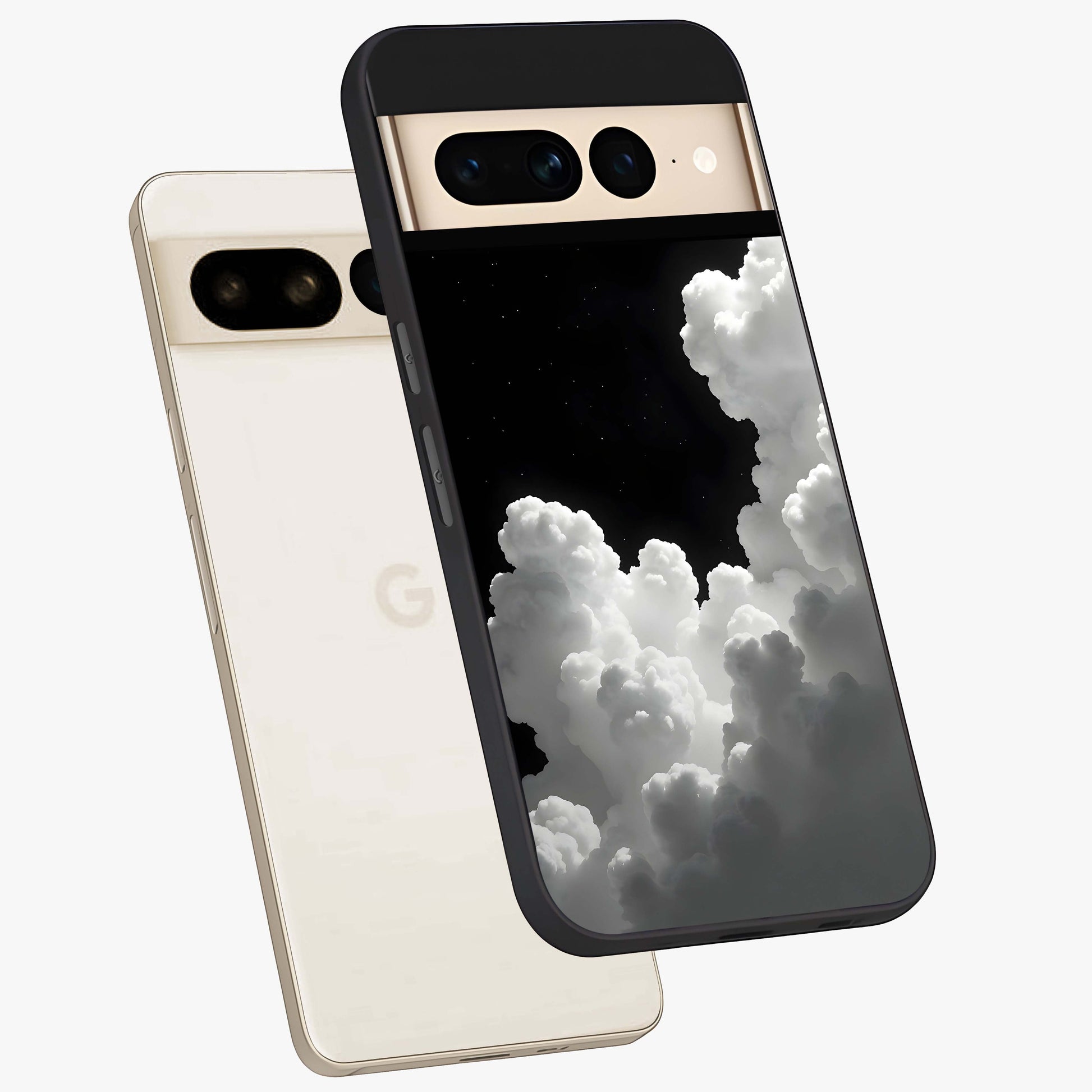 Black Background With White Cloud Glass Case displayed in angled mockup highlighting soft white cloud illustration and minimal design.