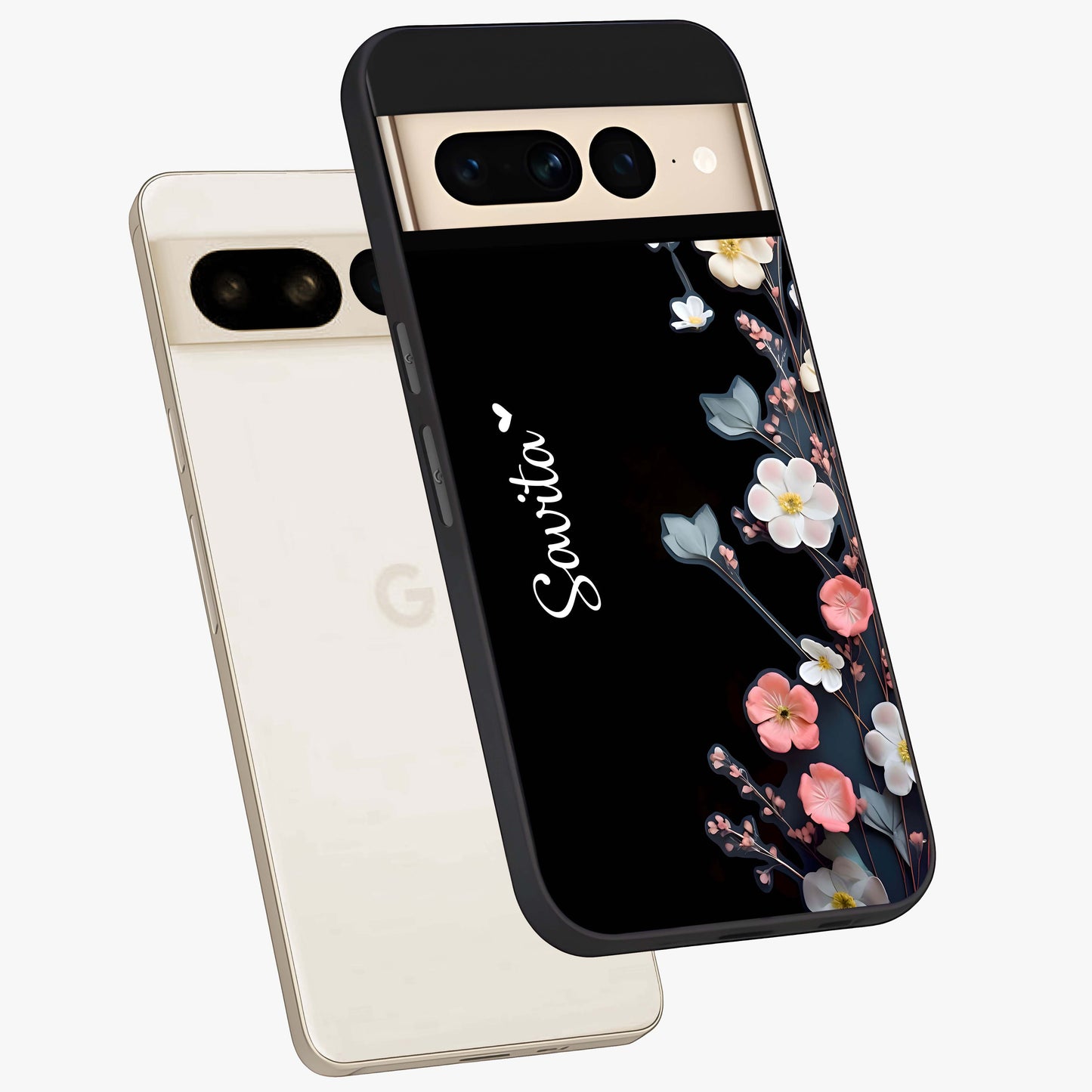Black Elegance Floral Custom Name Glass Case displayed in angled mockup highlighting dark floral aesthetic and custom name feature.