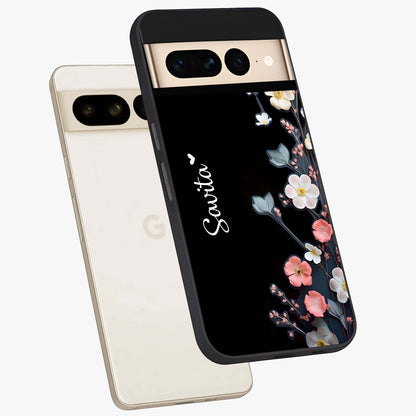 Black Elegance Floral Custom Name Glass Case displayed in angled mockup highlighting dark floral aesthetic and custom name feature.