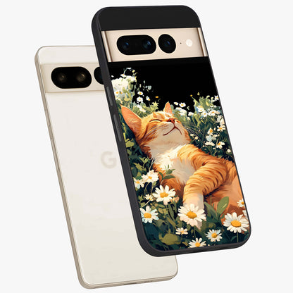 Blissful Bloom Cat Glass Case displayed in angled mockup highlighting playful feline illustration with soft floral aesthetic.