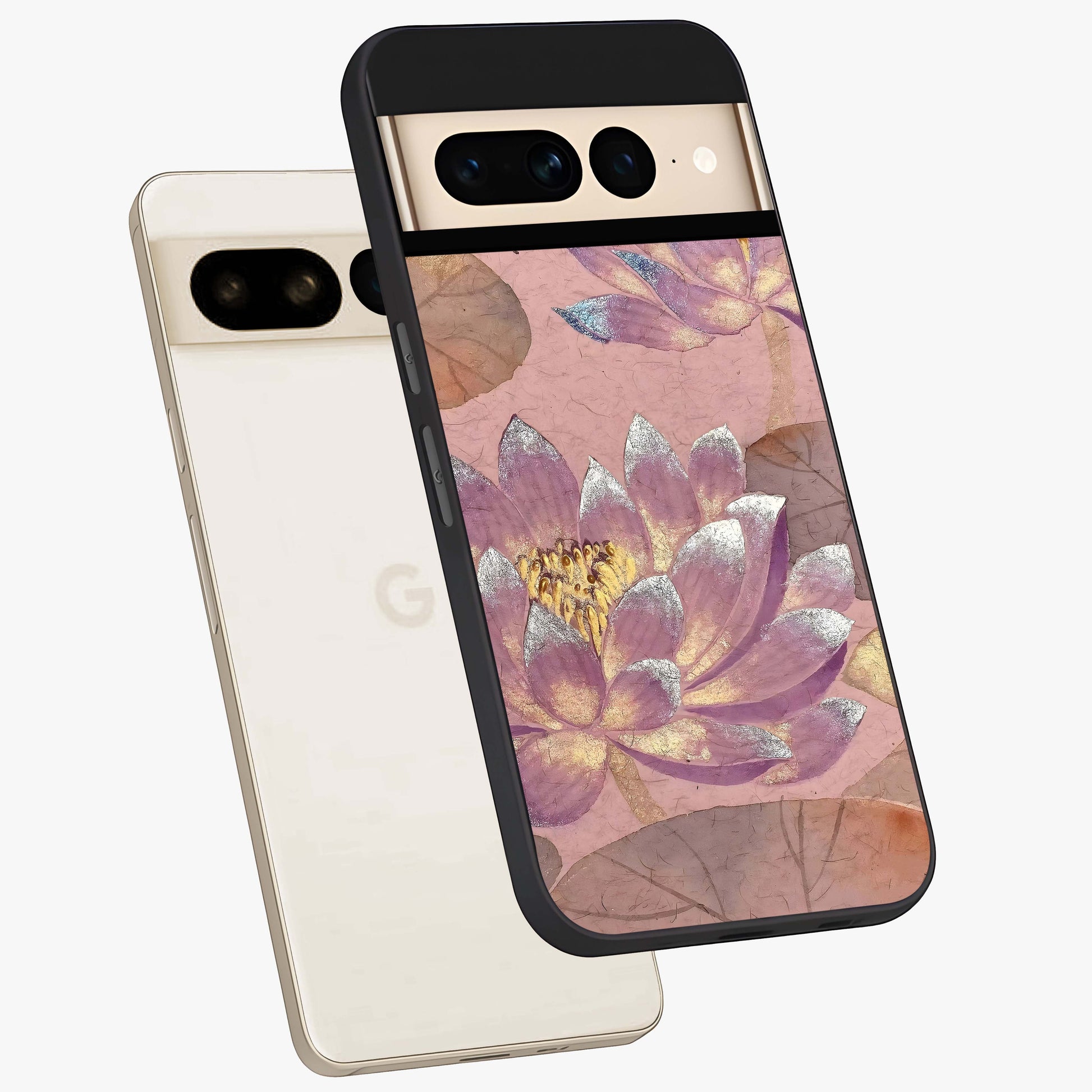 Blossom Mist Lotus Glass Case displayed in angled mockup highlighting delicate lotus illustration with calm aesthetic theme.