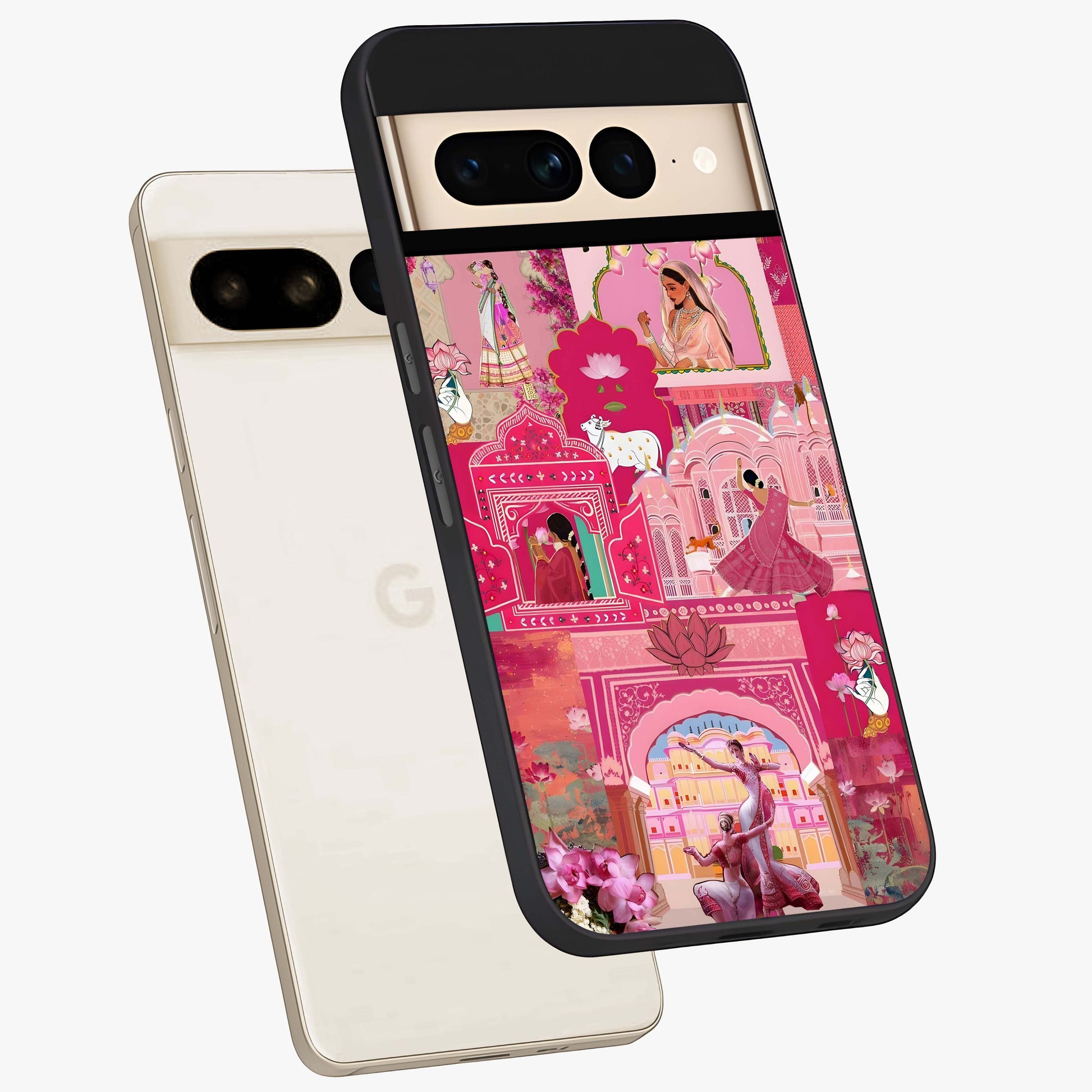 Blossoms of Rajasthan Glass Case displayed in angled mockup highlighting vibrant floral pattern with cultural aesthetic style.