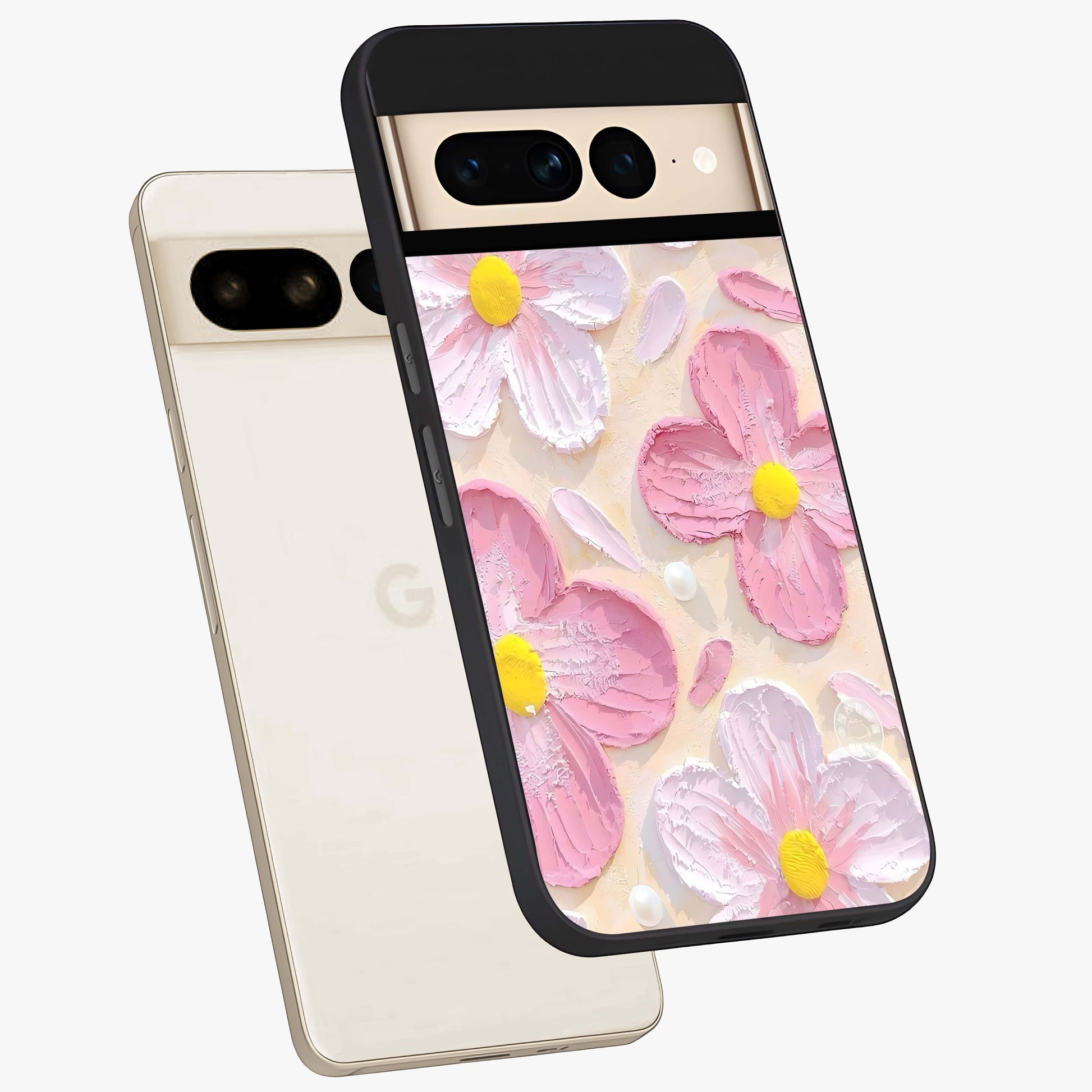 Blush Bloom Texture Glass Case displayed in angled mockup highlighting subtle bloom pattern with aesthetic pastel design.