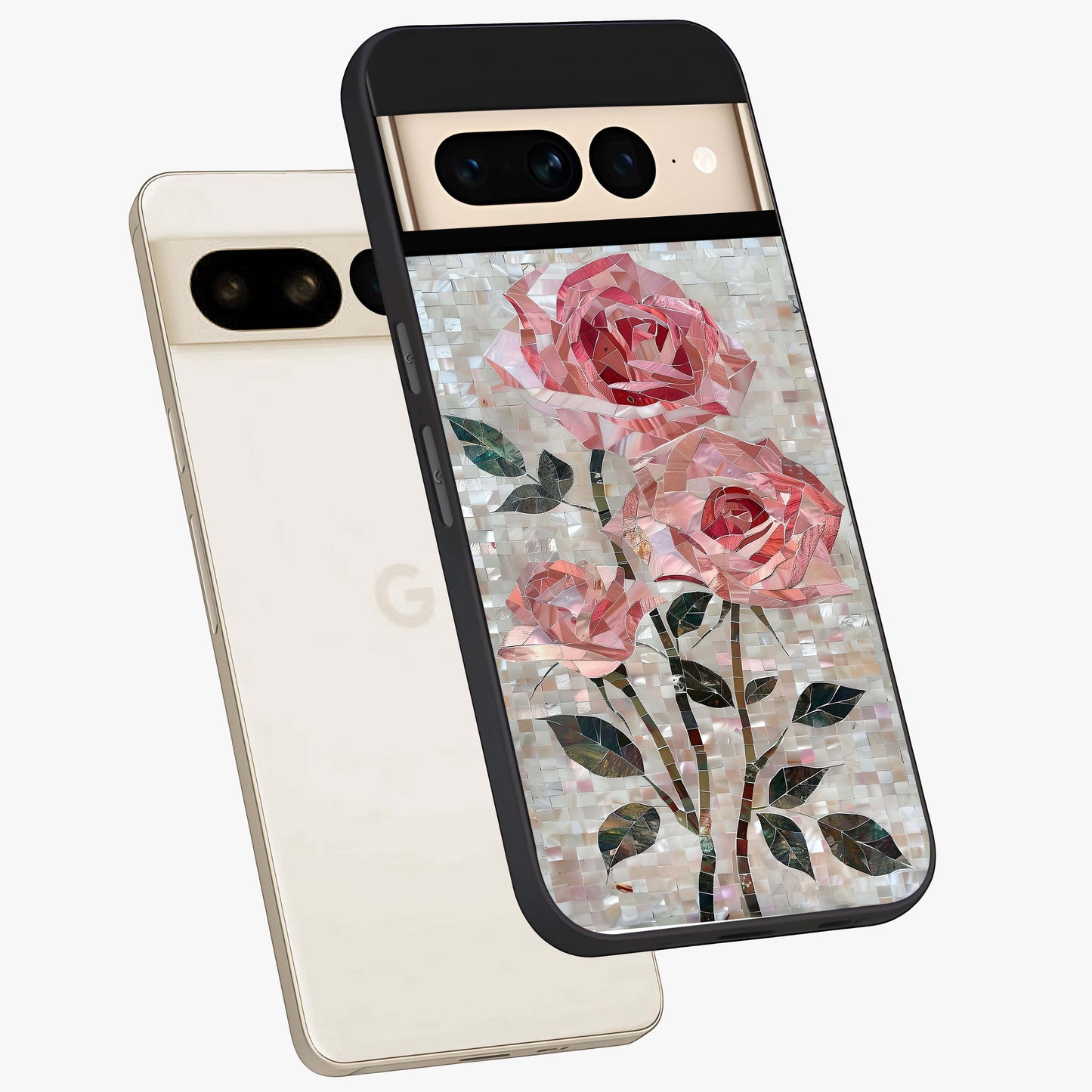 Blush Mosaic Bloom Glass Case displayed in angled mockup highlighting artistic mosaic flower pattern with aesthetic design.