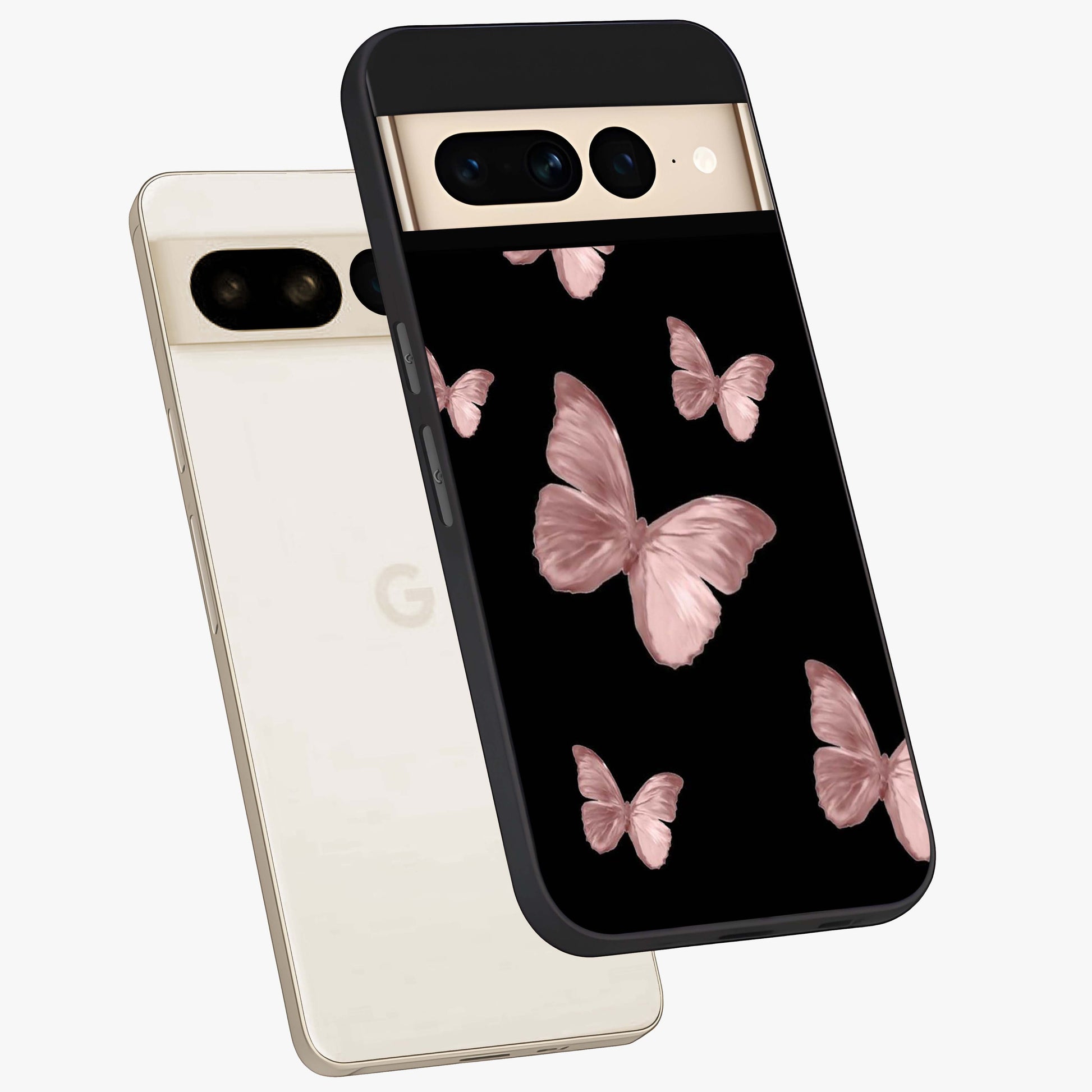 Butterfly Pattern Glass Case displayed in angled mockup highlighting delicate butterfly design and aesthetic pattern style.