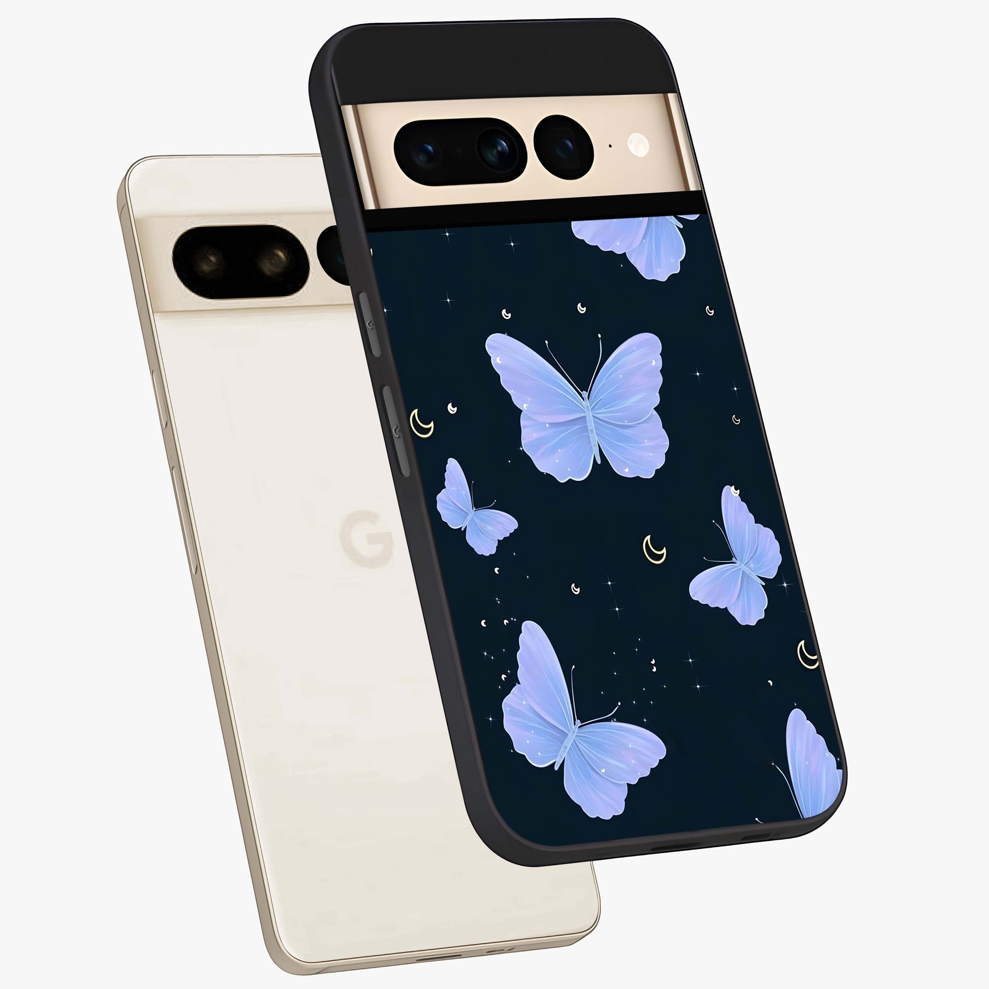Butterfly With Stars Pattern Glass Case displayed in angled mockup highlighting dreamy butterfly and star design with aesthetic theme.