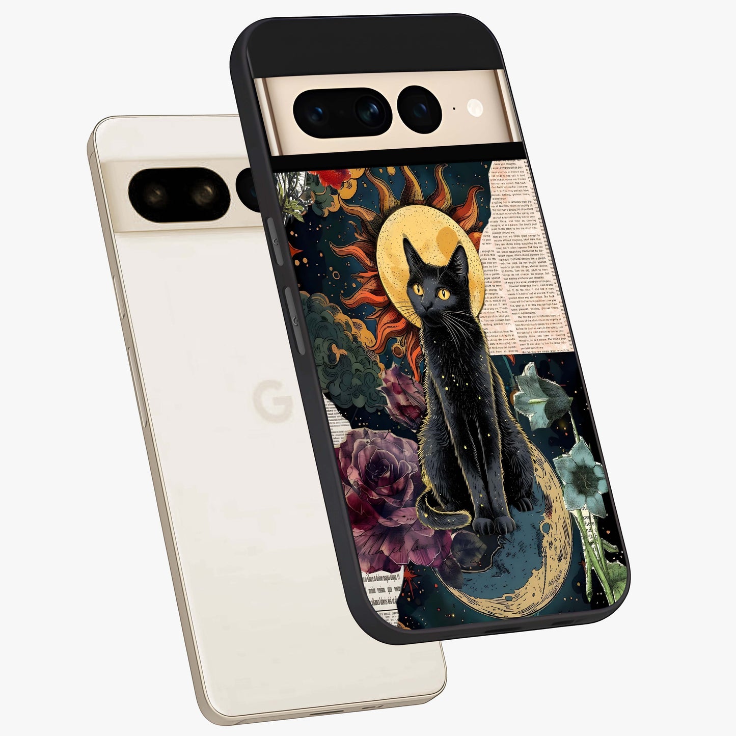 Celestial Black Cat Glass Case displayed in angled mockup highlighting cosmic black cat design with celestial aesthetic.
