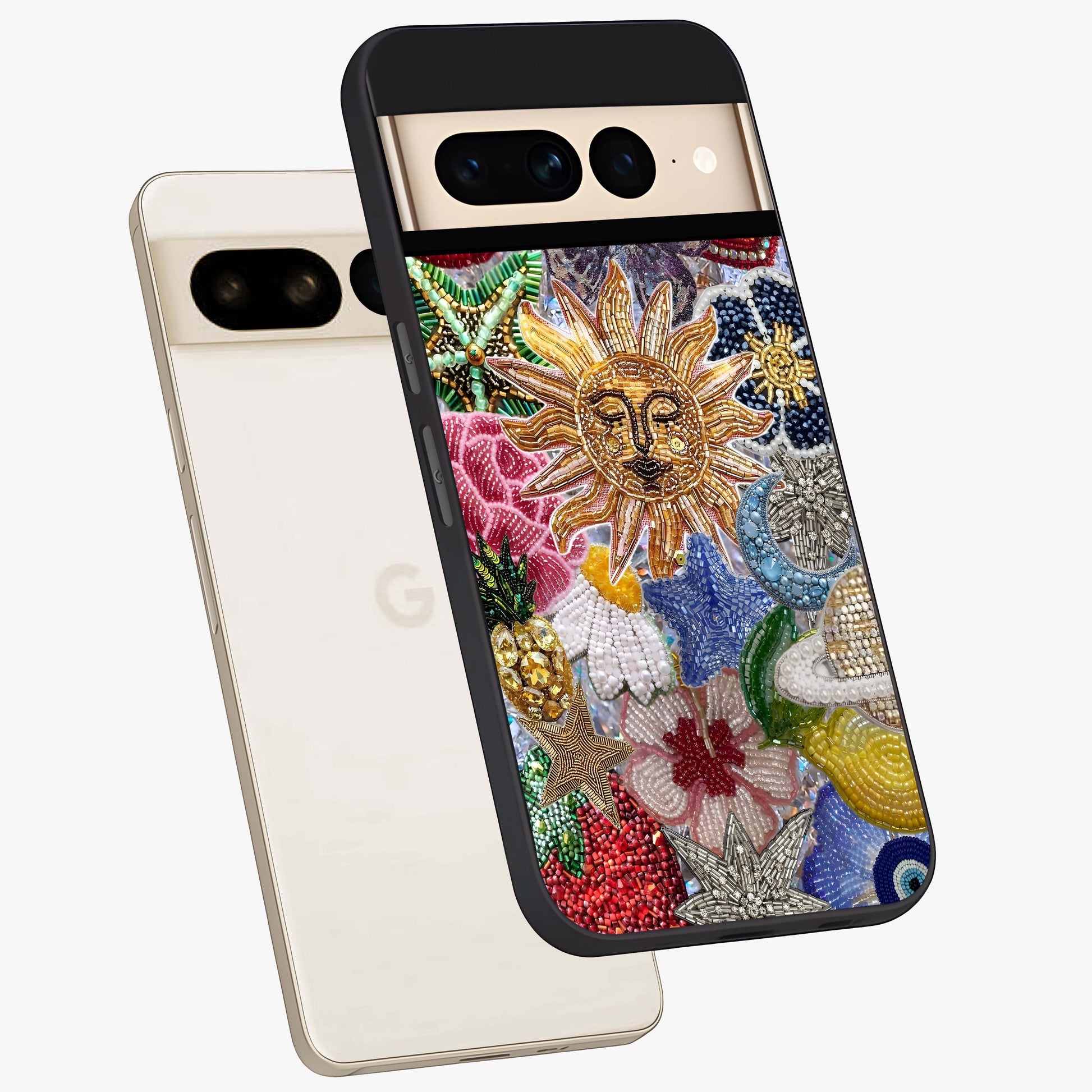 Celestial Floral and Playful Glass Case displayed in angled mockup highlighting playful floral design with dreamy celestial elements.