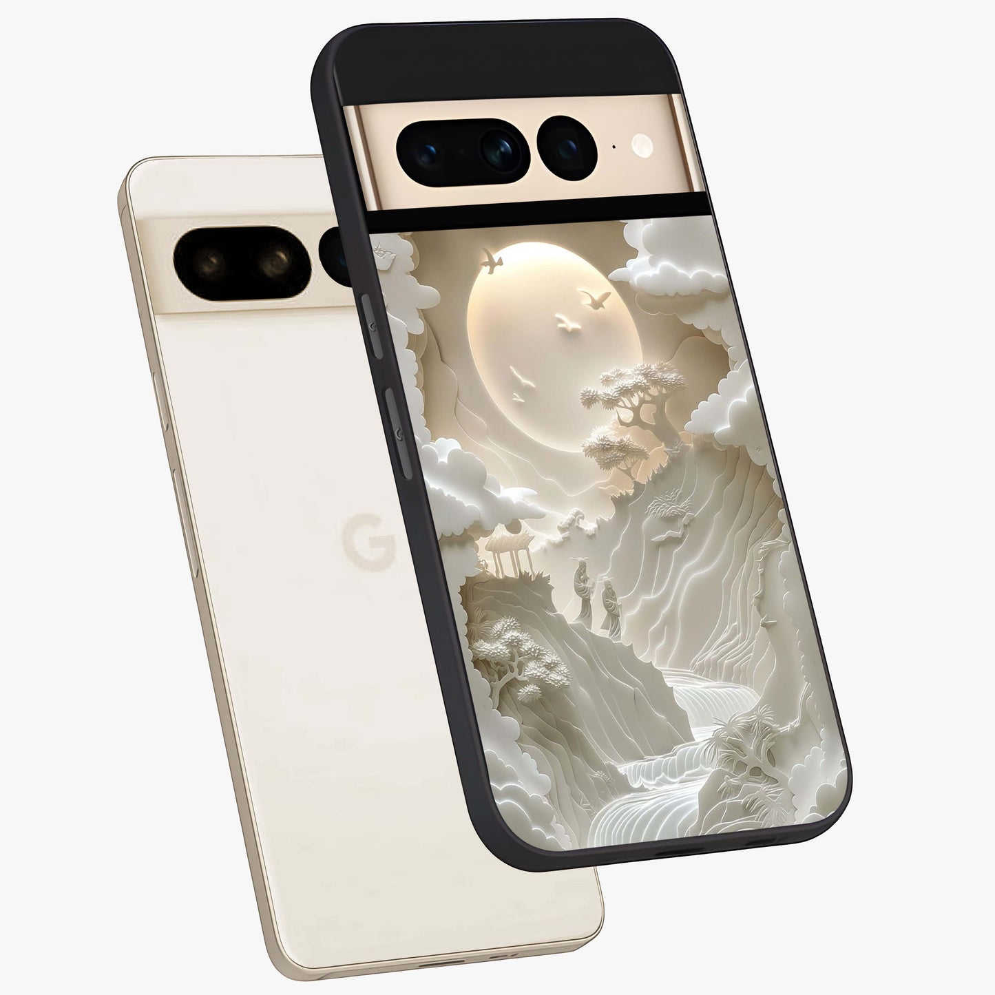 Celestial Origami Glass Case displayed in angled mockup highlighting geometric origami design with cosmic aesthetic theme.